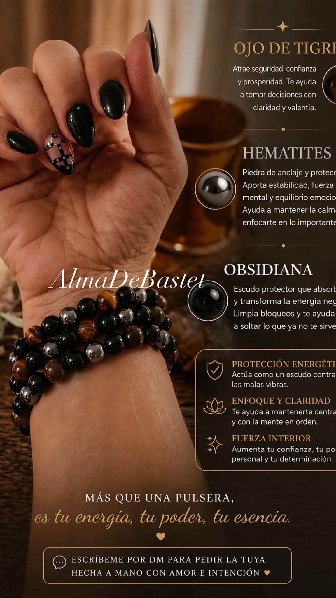 Pulsera Ojo de Tigre, Hematites y Obsidiana
