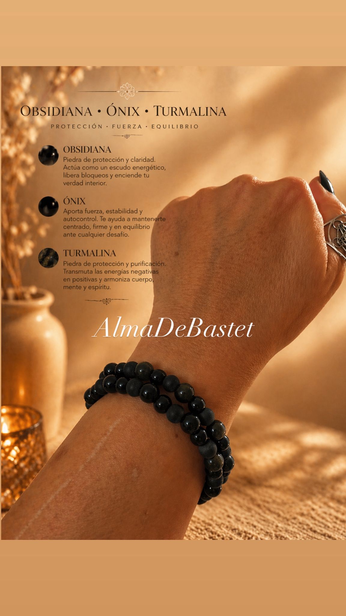 Pulsera Obsidiana, Ónix y Turmalina