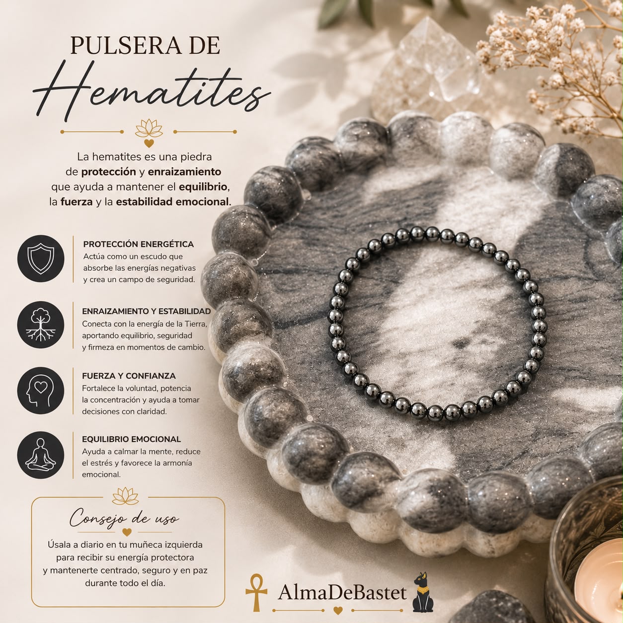 Pulsera Hematites Natural – Protección, Anclaje y Estabilidad